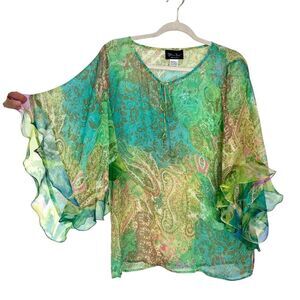 Diane Freis Blouse Women large Green Vintage Paisley Chiffon Ruffle Bell Sleeve